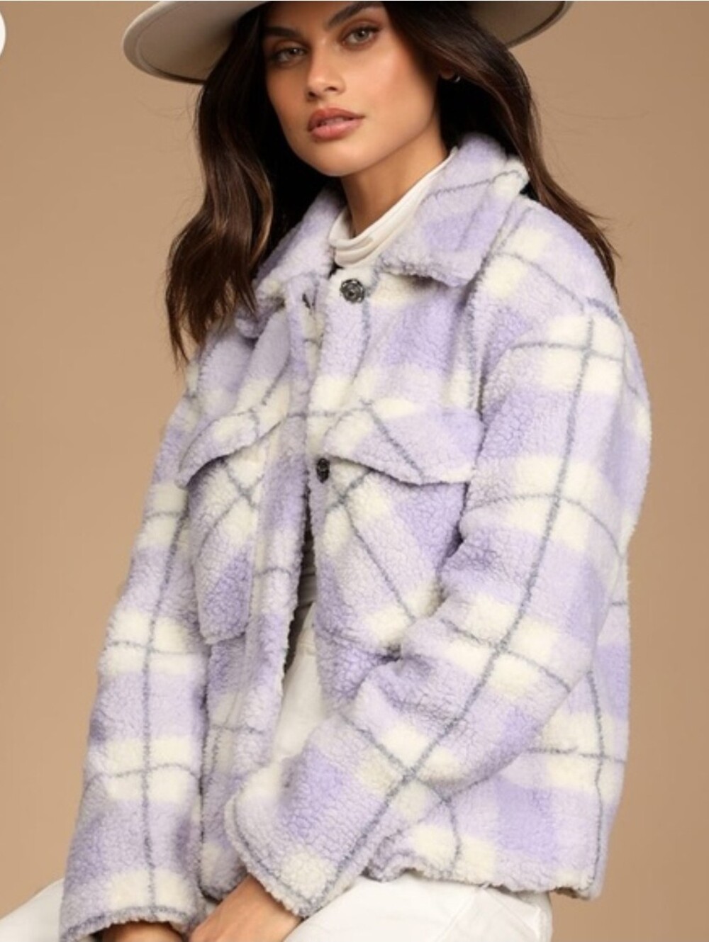 Avec Les Filles Purple White Plaid Faux Shearling Trucker Shacket - Size Large